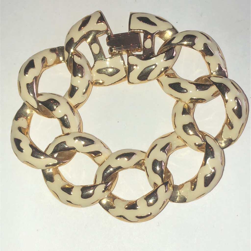 Angel Brand Signed Gold Tone Cream Enamel Chunky Chain Bracelet